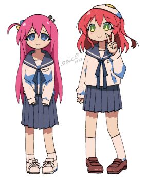 2025 2girls artist_name blue_eyes bocchi_the_rock! brown_shoes cosplay crossover cube_hair_ornament food food_on_head fried_egg gotoh_hitori green_eyes hair_ornament kita_ikuyo long_hair looking_at_viewer multiple_girls mushroom_on_head object_on_head one_side_up pink_hair pleated_skirt red_hair school_uniform seisyun_c0mplex shoes simple_background skirt socks v white_background white_shoes white_socks