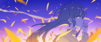 1girl absurdres black_hair blue_sky brown_sweater cigarette floating_hair from_side hand_up highres long_hair long_sleeves meito_(maze) original profile puffy_long_sleeves puffy_sleeves sky smoke smoking solo sunset sweater turtleneck turtleneck_sweater very_long_hair