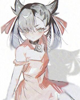 Rule 34 | 1girl, 3y35, asymmetrical bangs, black choker, black hair, choker, closed mouth, dress, green eyes, hair ribbon, looking at viewer, marnie (pokemon), nintendo, pink dress, pink ribbon, pokemon, pokemon swsh, ribbon, simple background, solo, standing, strap slip, undercut, upper body, white background