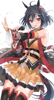 1girl animal_ears armpit_crease black_hair black_sash black_sleeves black_thighhighs blush breasts chanchanko_(clothes) cleavage cleavage_cutout clothing_cutout commentary_request confetti detached_sleeves floral_print_sleeves hair_between_eyes highres holding holding_microphone horse_ears horse_girl horse_tail japanese_clothes kitasan_black_(gilded_shrine_to_glory)_(umamusume) kitasan_black_(umamusume) kouhaku_nawa large_breasts layered_sleeves looking_at_viewer mexif microphone multicolored_hair obi open_mouth orange_shirt orange_skirt pleated_skirt rope sash shimenawa shirt short_hair simple_background skirt smile solo streaked_hair tail teeth thighhighs thighs two_side_up umamusume upper_teeth_only white_background white_streaks zettai_ryouiki