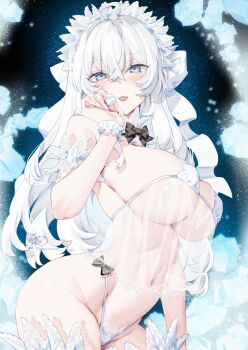 1girl ahoge blue_eyes breasts commentary curvy headdress highleg highleg_panties highres kamiya_maneki large_breasts lingerie long_hair looking_at_viewer navel original panties see-through_clothes solo tongue tongue_out underboob underwear white_hair white_headdress white_panties white_wrist_cuffs wrist_cuffs