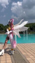 angel angel_girl angewomon angewomon_(cosplay) animated armor audible_music breastplate breasts cosplay curvy day digimon digimon_(creature) full_body head_wings highres leotard long_hair luna_kamijo mask multiple_views outdoors photo_(medium) poolside real_life shiny_skin smile sound tagme turnaround video walking white_leotard wide_hips wings