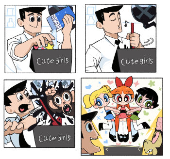 2boys 3girls black_footwear black_hair blonde_hair blossom_(ppg) blue_dress blue_eyes bow box brain bubbles_(ppg) buttercup_(ppg) collared_shirt commentary dress english_commentary english_text exposed_brain granulated_sugar green_dress green_eyes hair_bow heart highres holding holding_box indoors kim_crab long_hair mojo_jojo monkey multiple_boys multiple_girls musical_note necktie powerpuff_girls professor_utonium red_dress red_eyes red_hair sharp_teeth shirt short_hair siblings sisters sleeves_rolled_up smile sparkle splashing star_(symbol) stirring teeth thighhighs twintails very_long_hair whistling white_shirt