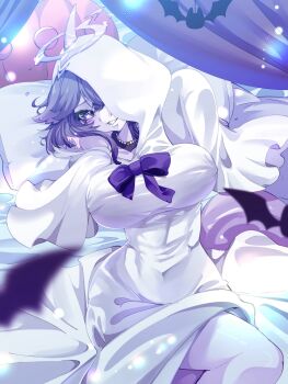 1girl bat_(animal) blush breasts closed_mouth colored_skin fumizuki_kazuhito ghost_costume grey_skin highres indie_virtual_youtuber large_breasts looking_at_viewer lying medium_hair megalodon_(vtuber) on_back purple_eyes purple_hair smile solo virtual_youtuber