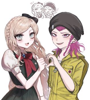 1girl :d black_bow black_hat blonde_hair bow bowtie braid breasts danganronpa_(series) danganronpa_2:_goodbye_despair dress earrings gem green_dress hair_bow hat heart_hands_failure highres jewelry jumpsuit large_breasts long_hair medium_hair multiple_views open_mouth pink_hair puffy_sleeves red_bow red_bowtie shirt short_sleeves simple_background smile sonia_nevermind white_background yellow_jumpsuit yomo_ma_ni