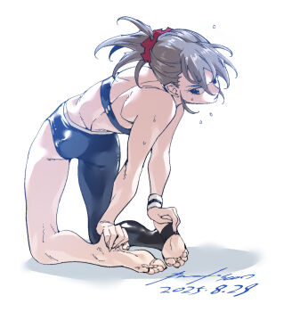 1girl ass asymmetrical_clothes barefoot contortion exercising flexible full_body grey_eyes grey_hair highres kneeling nabipenciller original single_pantsleg soles solo stirrup_legwear sweat toeless_legwear toes twisted_torso