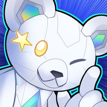 blue_background closed_mouth commentary_request duel_monster emphasis_lines green_outline hierotubas index_finger_raised no_humans one_eye_closed outline smile solo star_(symbol) stuffed_animal stuffed_toy teddy_bear ursarctic_polari yellow_eyes yu-gi-oh!