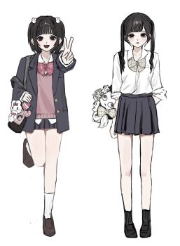 2girls arm_behind_back bag black_eyes black_jacket black_shoes black_skirt black_socks blazer blunt_bangs bow brown_bow closed_mouth full_body hair_between_eyes hair_ornament highres holding holding_bag jacket long_hair long_sleeves multiple_girls open_mouth original outstretched_arm pink_sweater_vest rabbit_hair_ornament red_bow school_uniform shirt shirt_tucked_in shoes short_hair shoulder_bag simple_background skirt smile socks standing standing_on_one_leg sweater_vest twintails two_side_up v white_background white_shirt white_socks xl_ch1cken