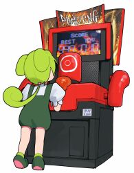 Rule 34 | 1girl, arcade cabinet, boxing gloves, facing away, from behind, green footwear, green hair, green shorts, hand up, heel up, highres, long hair, okepi, overall shorts, overalls, puffy short sleeves, puffy shorts, puffy sleeves, shirt, shoes, short sleeves, shorts, simple background, solo, standing, strength tester machine, voicevox, white background, white shirt, zundamon