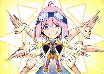 afterimage commentary_request cowboy_shot crescent crescent_earrings digimon digimon_(creature) digimon_adventure dress earrings goggles goggles_on_head green_eyes himemori_luna hololive jewelry mitosupa_(qsiqydfz7nesh9w) model_kit purple_eyes purple_hair smile tongue tongue_out virtual_youtuber wargreymon yellow_background