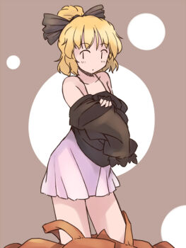 1girl bare_shoulders black_bow black_shirt blonde_hair blush bow brown_background brown_dress chemise closed_mouth collarbone commentary_request dot_mouth dress feet_out_of_frame hair_bow kurodani_yamame pink_chemise ponytail rangycrow shirt solo touhou undressing unworn_dress |_|