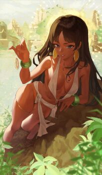 1girl black_eyes black_hair bracelet breasts chel_(el_dorado) commentary dark-skinned_female dark_skin english_commentary highres hymin jewelry long_hair navel on_rock parted_lips pelvic_curtain revealing_clothes solo the_road_to_el_dorado
