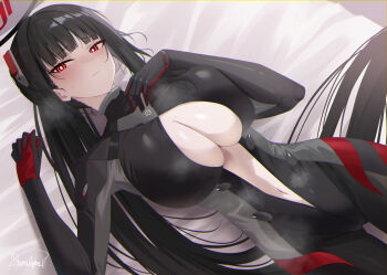 1girl absurdres black_bodysuit black_hair black_halo blue_archive blush bodysuit breasts commentary_request halo highres large_breasts long_hair looking_at_viewer lying navel official_alternate_costume official_alternate_hairstyle on_back partially_unzipped red_eyes rio_(armed)_(blue_archive) rio_(blue_archive) solo very_long_hair yamikyon