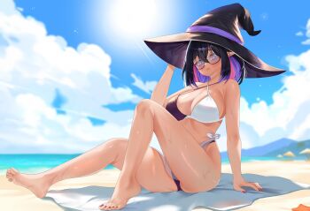 1girl 2024 barefoot bikini black_hair blanket breasts glasses hat indie_virtual_youtuber large_breasts looking_to_the_side ocean oioi_ainomo18 outdoors pink_hair purple_hair sand sitting solo swimsuit violet_spellcraft water witch_hat