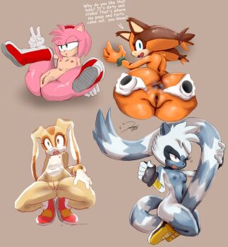 4girls absurdres amy_rose anus armpits ass ass_focus back bare_back bent_over blue_eyes blush boots naked_boots bottomless bracelet breasts brown_background brown_fur brown_hair cream_the_rabbit dark_anus disembodied_hand embarrassed english_text eyelashes fang fangs female_masturbation flat_chest furry gloves green_eyes grey_fur grey_hair groin hair_tie hairband half-closed_eyes highres huge_ass idw_publishing jaynatorburudragon jewelry kneeling legs loli long_tail looking_back lying masturbation multiple_girls nipples nude open_mouth orange_fur orange_hair peace_symbol perineum pink_fur pink_hair pointy_ears pov pov_hands presenting presenting_anus presenting_ass purple_eyes pussy pussy_juice sega shoes simple_background small_breasts smell socks socks_only sonic_(series) sonic_advance_(series) sonic_advance_2 sonic_adventure sonic_boom_(series) sonic_frontiers sonic_the_hedgehog sonic_the_hedgehog_(idw) source_request spiked_hair spread_anus spread_ass spread_legs spread_pussy squatting sticks_the_badger surprised sweat sweatdrop tail talking tangle_the_lemur teeth tomboy twintails two-tone_fur uncensored v
