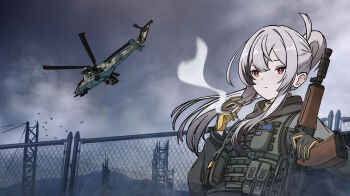 1girl absurdres aircraft aks-74u assault_rifle attack_helicopter azalea-11 cigarette fence flag_patch gloves grey_hair gun helicopter highres holding holding_cigarette holding_gun holding_weapon kalashnikov_rifle load_bearing_equipment looking_afar mi-24 military_uniform military_vehicle original red_eyes rifle rocket_pod russian_flag russian_ground_forces sidelocks smoke solo submachine_gun weapon xandier59