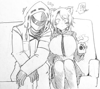 ! !? 1girl 1other ? absinthe_(arknights) alternate_breast_size_(larger) animal_ear_fluff animal_ears arknights bear_girl bear_paw_print blush breasts check_commentary commentary commentary_request constricted_pupils couch cup doctor_(arknights) dot_nose eyebrows_hidden_by_hair feet_out_of_frame gloves graphite_(medium) hand_on_own_knee hatching_(texture) head_rest highres holding holding_cup hood hood_up hooded_jacket huge_breasts jacket leaning_on_person linear_hatching long_sleeves mask monochrome mug necktie oni_tengu parted_bangs resting short_hair side-by-side sitting small_sweatdrop speech_bubble spoken_exclamation_mark spoken_question_mark steaming_cup surprised traditional_media