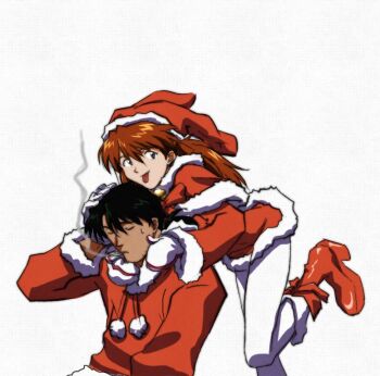 1boy 1girl amondetauro boots christmas cigarette closed_eyes gloves hat kaji_ryouji neon_genesis_evangelion orange_hair red_boots santa_costume santa_hat simple_background smoking_pipe souryuu_asuka_langley tongue tongue_out white_background white_gloves