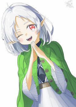 1girl absurdres ahoge capelet commentary dated dress elf green_capelet highres long_sleeves looking_at_viewer medium_hair mushoku_tensei one_eye_closed open_mouth own_hands_clasped own_hands_together parted_bangs pointy_ears red_eyes signature smile solo sylphiette_(mushoku_tensei) upper_body white_dress white_hair yayax2