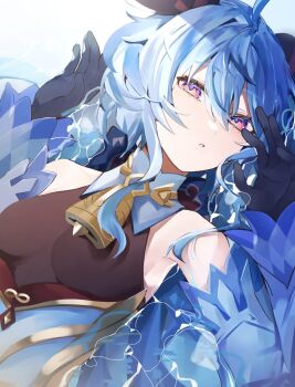 1girl ahoge bare_shoulders bell black_gloves blue_bow blue_hair bow breasts cowbell curled_horns detached_sleeves eyelashes flower_knot ganyu_(genshin_impact) genshin_impact gloves goat_horns gold_trim hair_between_eyes hair_bow highres horns large_breasts long_hair long_sleeves looking_at_viewer lying neck_bell on_back purple_eyes sidelocks solo tassel vision_(genshin_impact) white_sleeves yukiusagi_(snowrabbit0508)