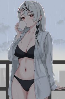 1girl arm_at_side arm_support black_bra black_panties bow bow_panties bra breasts cameltoe cleavage commentary_request cowboy_shot cup day double-parted_bangs drinking film_grain grey_hair hand_up highres holding holding_cup hololive large_breasts long_hair looking_at_viewer multicolored_hair navel no_pants open_clothes open_shirt outdoors panties rain red_eyes sakamata_chloe see-through_clothes see-through_shirt shiny_skin shirt sohachi solo standing stomach straight_hair streaked_hair twitter_username underwear virtual_youtuber white_shirt