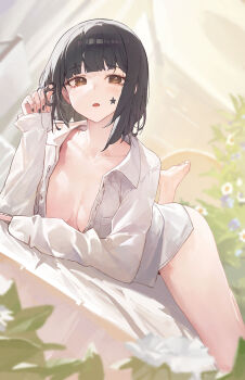 1girl :o absurdres ass bare_legs barefoot bed_sheet black_nails blunt_bangs blush breasts breasts_apart collarbone commentary dated_commentary dress_shirt facepaint fingernails highres holding holding_own_hair indoors looking_at_viewer lying mac_star medium_breasts nail_polish naked_shirt on_stomach open_clothes open_shirt original shirt solo star_(symbol) white_shirt