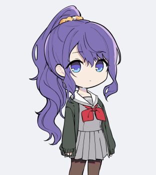 Rule 34 | 1girl, :|, aimi (mimi nii2), arms at sides, asahina mafuyu, black cardigan, blue eyes, breasts, brown pantyhose, cardigan, closed mouth, commentary, cowboy shot, deformed, expressionless, eyes visible through hair, grey background, grey serafuku, grey shirt, grey skirt, hair between eyes, hair ornament, hair scrunchie, long hair, long sleeves, looking at viewer, miniskirt, multicolored eyes, neckerchief, open cardigan, open clothes, orange scrunchie, pantyhose, pleated skirt, project sekai, puffy long sleeves, puffy sleeves, purple eyes, red neckerchief, sailor collar, school uniform, scrunchie, serafuku, shirt, sidelocks, simple background, skirt, sleeves past wrists, small breasts, solo, standing, swept bangs, tareme, two-tone eyes, very long hair, wavy hair, white sailor collar