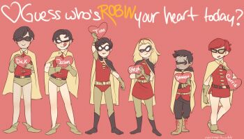 2girls 4boys batman_(series) belt black_footwear black_hair black_pants blonde_hair boots brothers cape carrie_kelley character_name couple damian_wayne dark_skin dc_comics dick_grayson domino_mask eye_mask gauntlets glasses gloves green_footwear green_pants hairband heart hetero jason_todd jika-tabi kyuubsbutart kyuura-jii lace-up_boots leggings lineup mask multiple_boys multiple_girls one_eye_closed pants pink_background pixie_boots pun red_hair red_shirt robin_(dc) shirt shoes short_shorts shorts siblings smile split-toe_footwear standing stephanie_brown tim_drake time_paradox tongue valentine wink