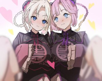 2girls anyoji_hime black_shirt blonde_hair blue_eyes blue_hair braid braided_hair_rings breasts chinese_clothes commentary_request gradient_hair hair_rings hasu_no_sora_pop_up_shop_china_collection heart highres large_breasts leg_up link!_like!_love_live! llb looking_at_viewer love_live! mira-cra_park! multicolored_hair multiple_girls osawa_rurino ponytail shirt sleeves_past_fingers sleeves_past_wrists twin_braids virtual_youtuber