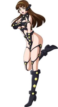 1girl black_footwear black_gloves black_legwear bondage_outfit boots breasts brown_hair covering_privates covering_breasts covering_crotch game_cg gloves hairband high_heel_boots high_heels hime_cut long_hair mazinger_(series) revealing_clothes shin_mazinger_zero simple_background super_robot_wars super_robot_wars_x-omega white_background yumi_sayaka