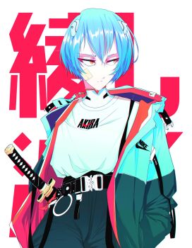 1girl absurdres alternate_costume ayanami_rei bad_id bad_twitter_id bandaid bandaid_on_cheek bandaid_on_face belt black_pants blue_hair bodysuit bodysuit_under_clothes commentary english_commentary hands_in_pockets highres interface_headset_(evangelion) jacket katana looking_to_the_side mecha_pilot_suit neon_genesis_evangelion open_clothes open_jacket pants plugsuit_(evangelion) print_shirt product_placement sheath sheathed shirt short_hair solo streetwear sword upper_body vinne weapon white_bodysuit white_shirt