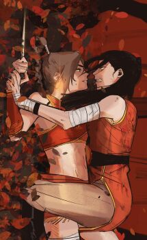 2girls avatar:_the_last_airbender avatar_legends azula black_hair black_nails brown_hair clenched_teeth commentary commission crop_top dress earrings english_commentary eye_contact highres holding holding_another's_wrist holding_knife jewelry knife leaf looking_at_another midriff multiple_girls outdoors parted_lips pommedistocazzo ponytail red_dress red_shirt shirt sideways smile straddling teeth toned toned_female ty_lee yuri