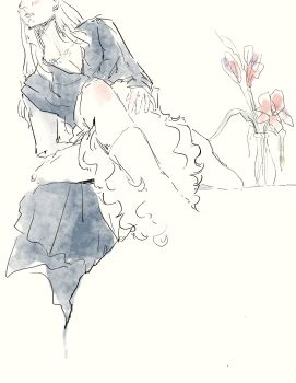 2girls a_song_of_ice_and_fire alicent_hightower between_legs commentary cunnilingus curly_hair dress english_commentary flower hand_on_another&#039;s_head highres house_of_the_dragon long_hair multiple_girls oral pink_flower rhaenyra_targaryen roguefiction vase yonic_symbol yuri