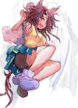 1girl animal_ears asymmetrical_footwear black_shorts blue_eyes blue_skirt breasts brown_hair commentary_request hair_between_eyes horse_ears horse_girl horse_tail jacket long_hair mejiro_palmer_(line_breakthrough)_(umamusume) mejiro_palmer_(umamusume) mismatched_footwear multicolored_hair open_clothes open_jacket open_mouth pleated_skirt ponytail shirt shoes shorts shorts_under_skirt skirt sleeveless sleeveless_shirt smile solo streaked_hair tail teeth umamusume upper_teeth_only white_hair white_jacket yanagi_wakana yellow_shirt