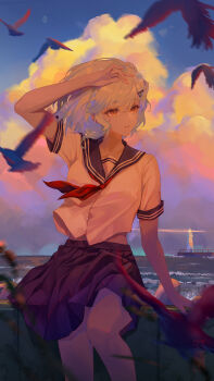 1girl black_sailor_collar black_skirt blue_hair cloud cloudy_sky commentary grey_hair hand_up highres liu_liaoliao looking_to_the_side neckerchief original outdoors parted_lips red_eyes red_neckerchief sailor_collar school_uniform shirt short_hair short_sleeves skirt sky smile solo standing white_shirt yile_(liu_liaoliao)