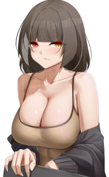 1girl :/ absurdres bare_shoulders black_jacket blush breasts brown_hair casperrin cleavage clothes_pull commentary girls'_frontline girls'_frontline_2:_exilium half-closed_eyes heterochromia highres jacket jacket_pull large_breasts long_hair multicolored_hair off_shoulder open_clothes open_jacket red_eyes ro635_(girls'_frontline) robella_(girls'_frontline_2) solo spaghetti_strap streaked_hair two-tone_hair upper_body white_hair yellow_eyes