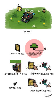 Rule 34 | ?, anger vein, animal, animal focus, animalization, arknights, bee, bee (minecraft), blue eyes, bug, commentary request, de.calvin, drawing tablet, dusk (arknights), flower, grass, highres, insect, minecraft, orange eyes, pig, pig (minecraft), quill, signature, translation request, white background, white flower, yellow flower