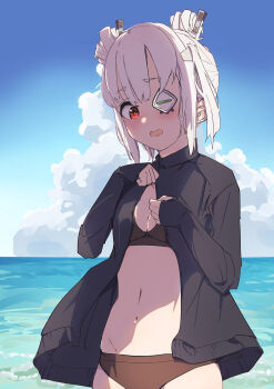 1girl absurdres beach blush cloud cloudy_sky commentary eyepatch grey_hair guratanchikin hair_bun heaven_burns_red highres partially_unbuttoned red_eyes sky swimsuit yamawaki_bon_ivar