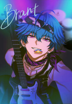 Rule 34 | 1boy, bare shoulders, black hairband, black shirt, blue hair, blurry, blurry background, brant (wuthering waves), chain, chain necklace, character name, collarbone, commentary, electric guitar, english commentary, grin, guitar, hair between eyes, hairband, highres, instrument, jewelry, looking at viewer, male focus, mouth hold, multicolored hair, necklace, pink eyes, plectrum, plectrum in mouth, sae naiyatsu, shirt, short hair, smile, solo, streaked hair, tacet mark (wuthering waves), toned, toned male, upper body, wuthering waves