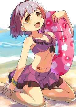 Rule 34 | 1girl, beach, bikini, bikini skirt, blush, bracelet, breasts, brown eyes, commentary request, day, frilled bikini, frills, highres, holding, holding swim ring, idolmaster, idolmaster cinderella girls, innertube, jewelry, kneeling, koshimizu sachiko, looking at viewer, nail polish, ocean, open mouth, outdoors, pink nails, purple bikini, purple hair, short hair, sitting, small breasts, solo, swim ring, swimsuit, taru haru, water