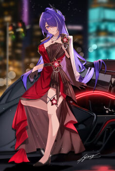 1girl absurdres acheron_(honkai:_star_rail) acheron_(star_rail_live_2025)_(honkai:_star_rail) asymmetrical_gloves black_dress black_gloves black_shoes blurry blurry_background breasts car city_lights cleavage commentary dress elbow_gloves full_body gloves hair_over_one_eye highres honkai:_star_rail honkai_(series) jacket large_breasts long_hair looking_at_viewer mclaren mclaren_p1 miya-chan_(lightning0730) motor_vehicle night official_alternate_costume outdoors parted_lips purple_eyes purple_hair red_dress shoes signature solo standing standing_on_one_leg strapless strapless_dress traffic_light uneven_gloves very_long_hair white_jacket