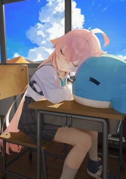1girl against_table ahoge aqua_necktie black_gloves black_skirt blue_archive blue_shoes blue_sky blush chest_harness closed_eyes closed_mouth cloud commentary_request crossed_bangs desk fingerless_gloves fukaumi_suichu gloves hair_between_eyes hair_intakes hair_over_shoulder harness highres hoshino_(blue_archive) indoors kneehighs leaning_on_table long_hair miniskirt necktie pink_hair plaid_clothes plaid_skirt pleated_skirt school school_desk shirt shirt_tucked_in shoes sitting skirt sky sleeping socks solo stuffed_toy white_shirt white_socks window