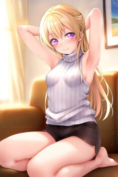 1girl absurdres armpits arms_behind_head arms_up bang_dream! barefoot black_skirt blonde_hair closed_mouth commentary_request couch curtains hair_between_eyes highres long_hair looking_at_viewer on_couch pencil_skirt purple_eyes ribbed_sweater seiza shirasagi_chisato sitting skirt sleeveless sleeveless_sweater smile solo sweater thighs tina_(pixiv37050289) turtleneck turtleneck_sweater white_sweater