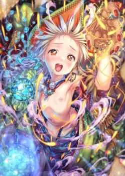 1girl age_regression aged_down armpits blush bracelet brooch cauldron clothes_down collar commentary_request detached_collar female_focus flask flat_chest grey_hair hat highres jewelry kink_(tortoiseshell) liquid loli long_hair magic nail_polish necklace nipples open_mouth original potion red_eyes red_nails ring round-bottom_flask smile smoke solo towako_(akane_shinsha) transformation vial witch witch_hat wrinkled_skin