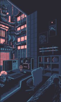 absurdres animated animated_gif architecture bad_link bed building chair computer controller desk east_asian_architecture game_controller highres limited_palette monitor night original pixel_art plant plate poster_(object) potted_plant rain scenery sword vase victorards weapon