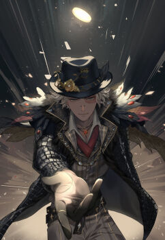 1boy absurdres black_hat coin face_piercing flower gloves grey_eyes grey_pants hat hat_feather hat_flower highres identity_v jacket leather leather_jacket male_focus minatoya_mozuku norton_campbell norton_campbell_(bird_of_prey) nose_piercing offering_hand pants piercing scar scar_on_face short_hair solo vest white_hat