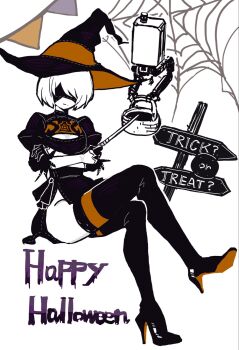 Rule 34 | 1girl, 2b (nier:automata), black boots, black dress, black gloves, black hat, black thighhighs, black visor, blindfold, boots, breasts, cleavage, cleavage cutout, closed mouth, clothing cutout, crossed arms, crossed legs, dress, feather trim, floating, full body, gloves, hair over one eye, happy halloween, hat, high heel boots, high heels, highres, holding, holding wand, juliet sleeves, long sleeves, medium breasts, mole, mole under mouth, nekoyana, nier:automata, nier (series), pennant, pod (nier:automata), puffy sleeves, robot, short hair, side slit, silk, sitting, spider web, thighhighs, thighs, trick or treat, wand, white background, white hair, witch, witch hat