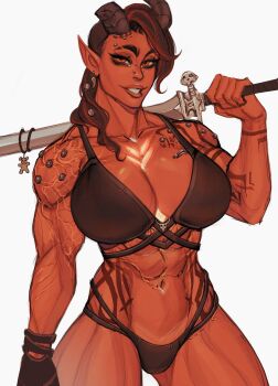 Rule 34 | 1girl, abs, animal charm, baldur's gate, baldur's gate 3, bikini, breasts, charm (object), demon girl, demon horns, dungeons & dragons, earrings, highres, horns, jewelry, karlach, large breasts, muscular, muscular female, nose stud, orange eyes, red hair, skull, solo, stuffed animal, stuffed toy, swimsuit, sword, teddy bear, teeth, tiefling, veins, veiny arms, weapon, white background, ykshelter