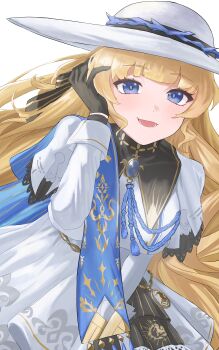 1girl absurdres black_gloves blonde_hair blue_eyes blue_sash breasts commentary cowboy_shot gloves hand_up hat high-waist_skirt highres kageyama_izumi long_hair looking_at_viewer medium_breasts open_mouth phoebe_(wuthering_waves) sash shirt simple_background skirt smile solo very_long_hair white_background white_hat white_shirt white_skirt wuthering_waves