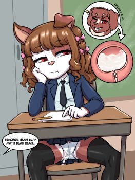 1girl 2025 absurdres aftersex animal_ears arm_support bow brown_hair cameltoe chair classroom commentary cum cum_in_clothes cum_in_panties cum_in_pussy cum_plugged desk dog_ears dog_girl ejaculation english_commentary english_text father_and_daughter floppy_ears furry furry_female grin hair_bow hair_ornament hair_ribbon hana_(twinblademel) highres holding_cum incest indoors internal_cumshot legs loli long_hair necktie on_chair original panties paper pencil red_eyes ribbon school school_chair school_desk school_uniform shirt sitting skirt smile solo speech_bubble spread_legs thighhighs underwear upskirt uterus vermelhatan wet wet_clothes white_panties white_shirt